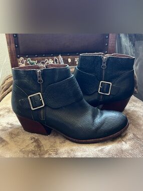 Kork-Ease Black Leather Ankle Boots with Buckle and Side Zip